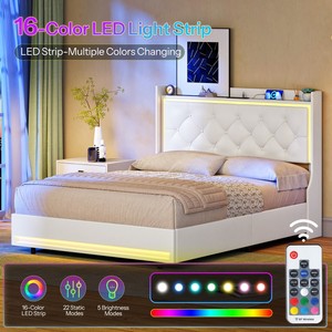 เตียงแฝด/คู่/เต็ม/เตียงขนาดควีนไซส์พร้อมหัวเตียงหุ้มโครงเตียงสีดำพร้อมไฟ LED ชาร์จไฟสถานี USB - Product Image 5