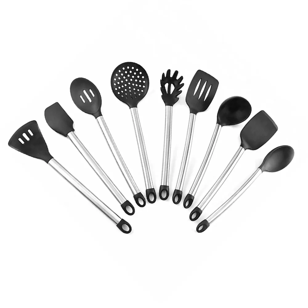 Utensilios de cocina de acero inoxidable, juego de utensilios de cocina de silicona, incluye espátula, cuchara, volteador, 10 piezas