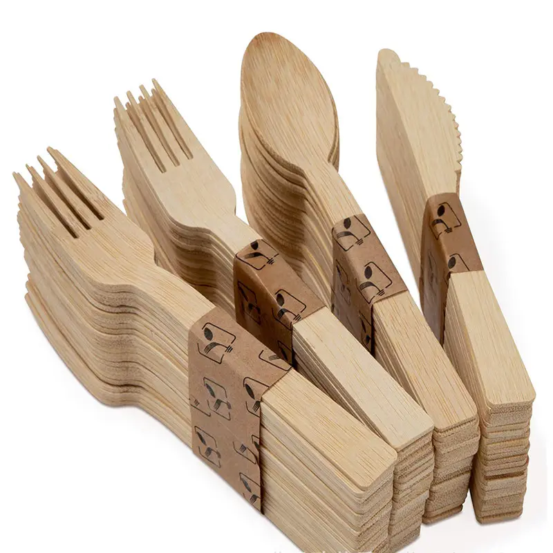 Conjunto de utensílios de bambu descartável, utensílios para acampamento, piquenique, 50 garfos, 25 colheres, suprimentos para festas, utensílios de madeira