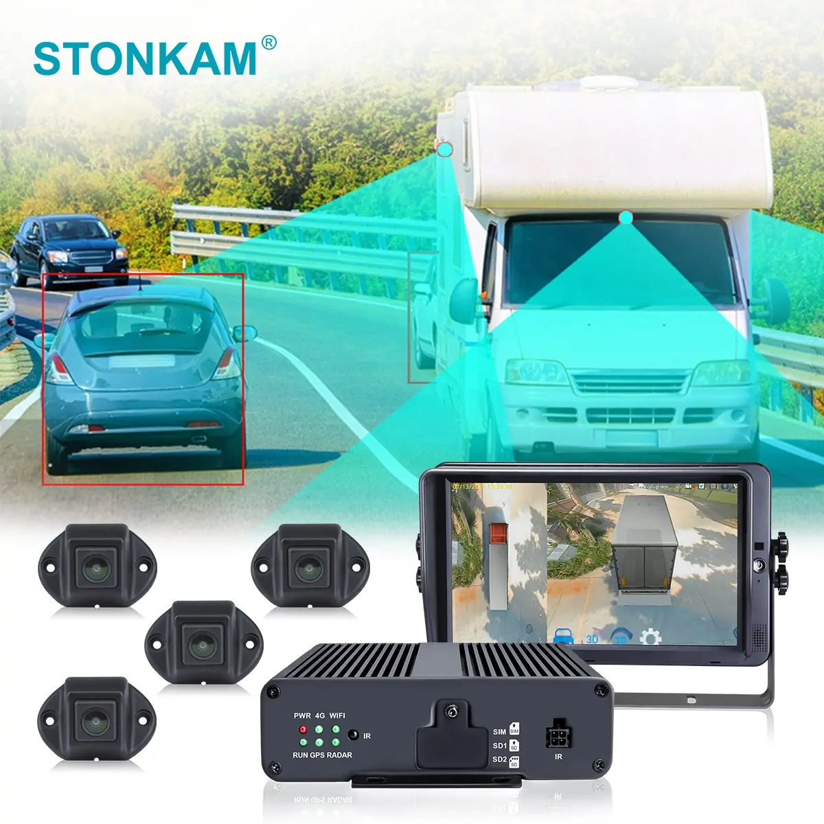 Stonkam 360 Avm Caravan Camerasysteem Voor Vrachtwagen 4ch 1080P Automatische Kalibratie Voetgangersdetectie Ldw + Fcw + Bsd 3d Gps Optioneel