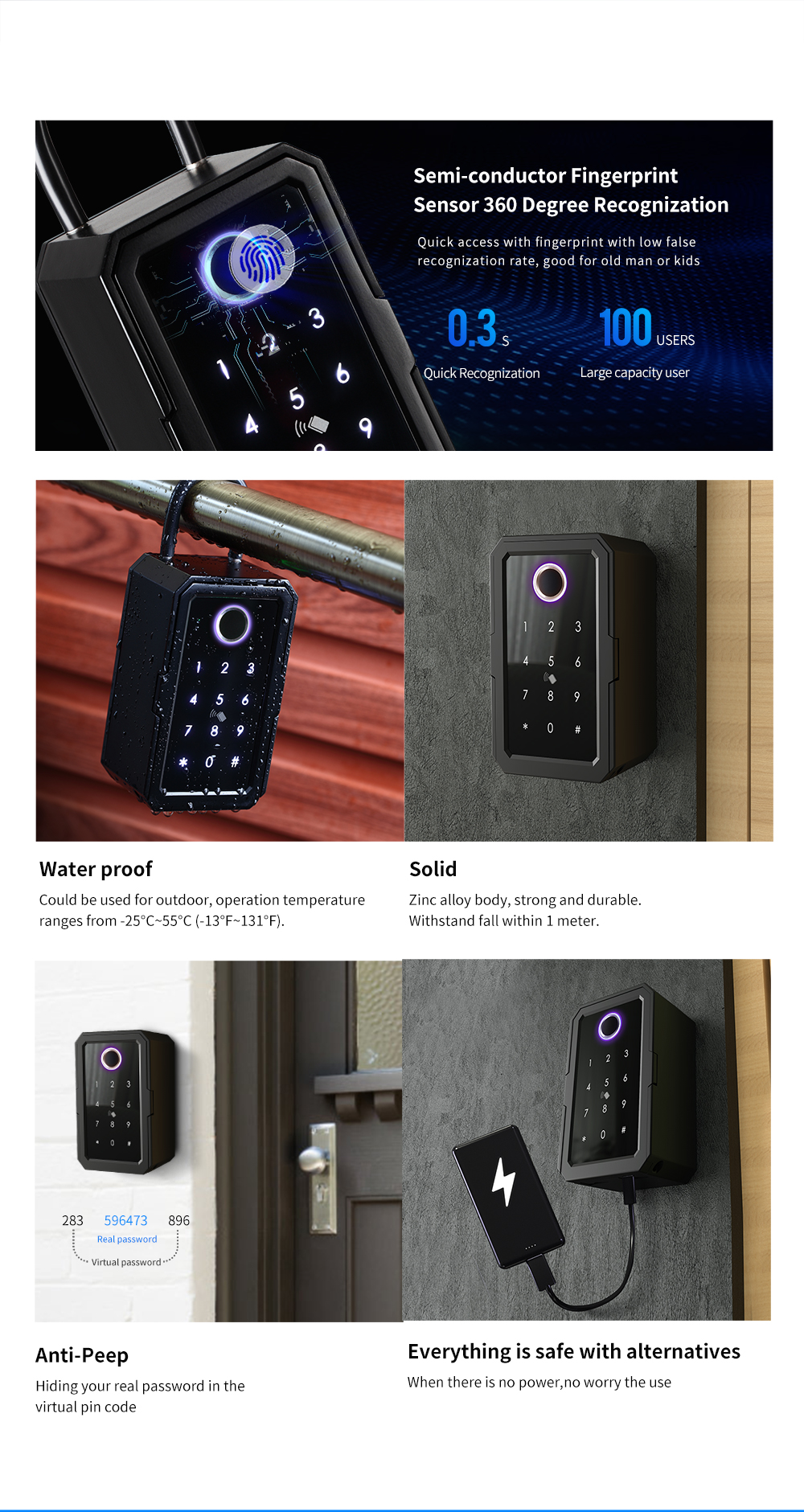 New Style Waterproof Safe Key Box Digital Key Card BLE Password Door Ttlock APP Fingerprint Smart lock
