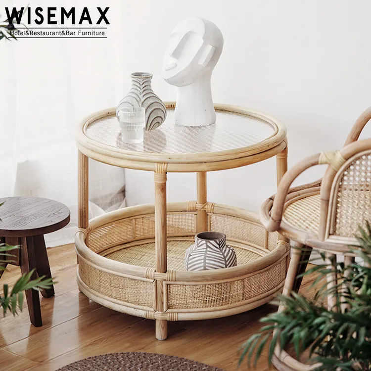 WISEMAX mobili tavolo in vetro/Rattan mobili per la casa tavolino in vimini con ripiano