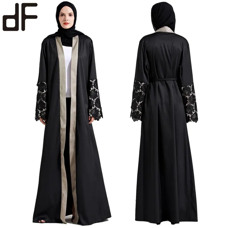 Oem गुआंगज़ौ में मुस्लिम कपड़े abaya इस्लामी कपड़े डोना काला फीता कढ़ाई दुबई कफ्तान तुर्की abaya कार्डिगन कपड़े