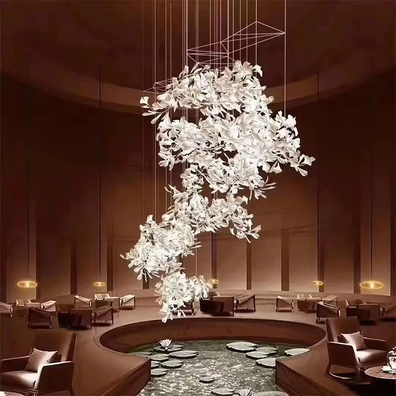 Özelleştirilmiş özel lambaları ginkgo yaprağı seramik kolye lamba dekoratif lamba villa döner merdiven