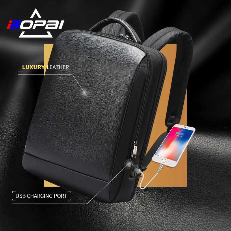 BOPAI logo in rilievo all'ingrosso business travel usb pelle bovina real 15.6 laptop zaino in pelle da uomo personalizzato portatile con capacità genuina