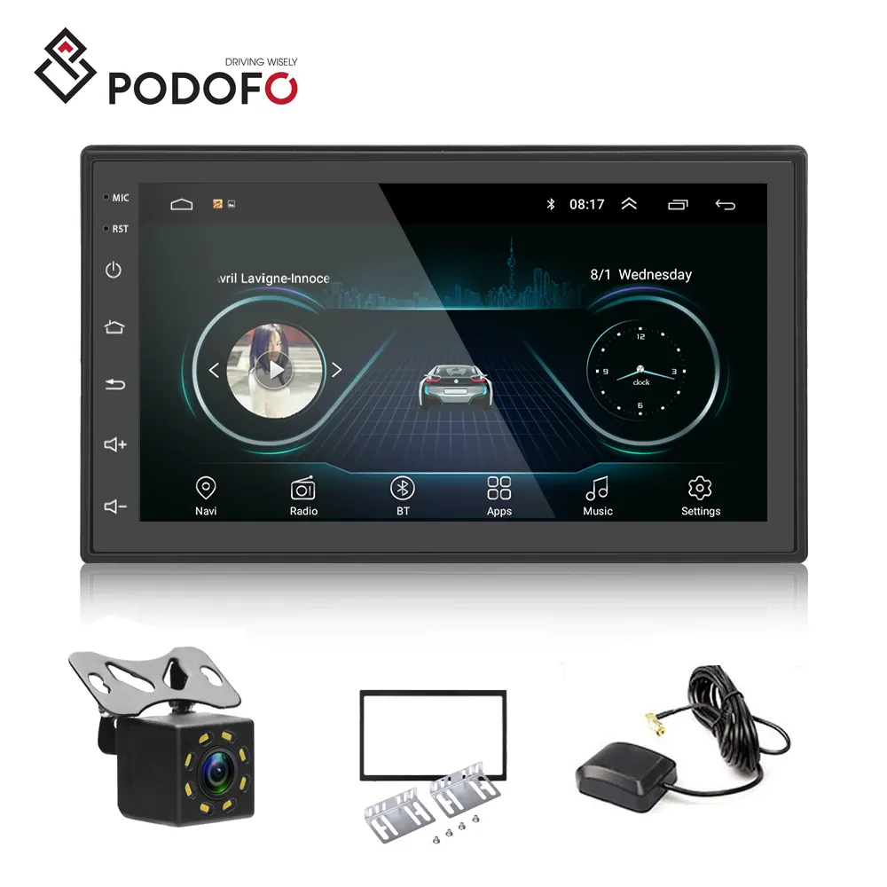 Podofo-Radio con GPS para coche, reproductor con Android 10, 7 pulgadas, 2 din, WIFI, BT, FM, teléfono, enlace Universal con 8 cámaras Led