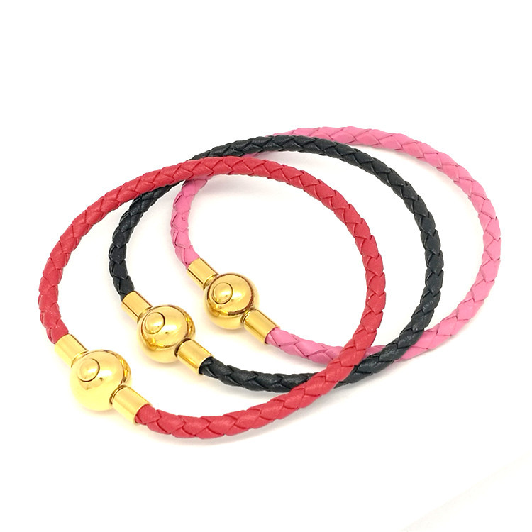 Gold 3mm button, red PU leather cord, 17-20cm