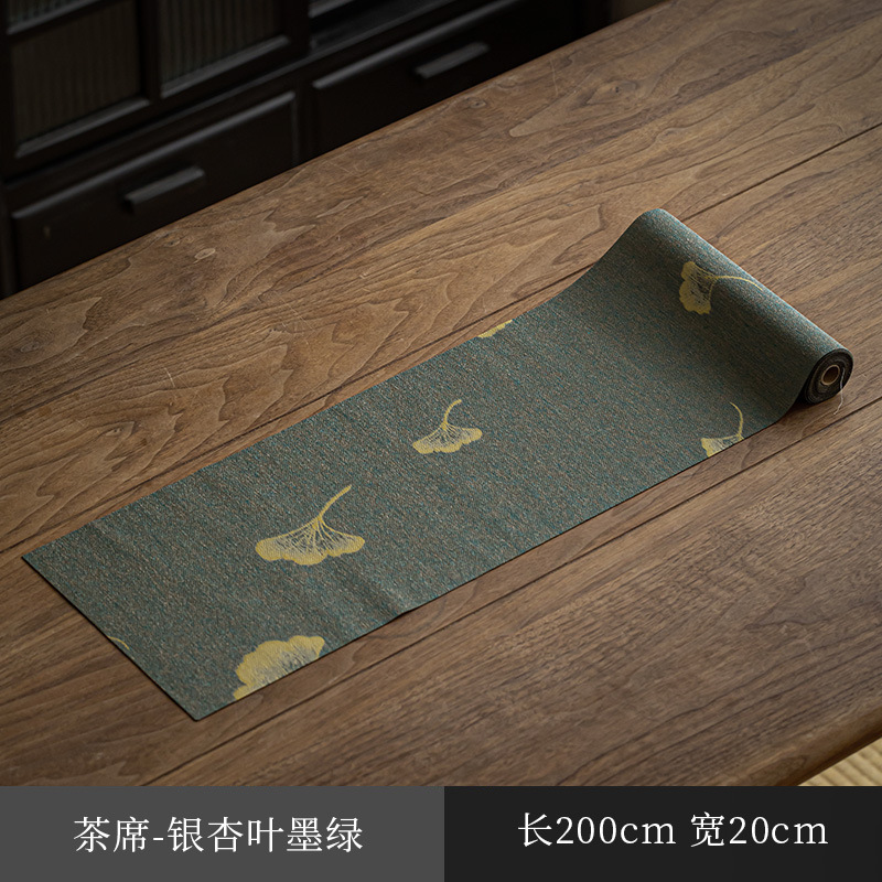 2-meter tea mat - dark green ginkgo leaf - 20cm wide