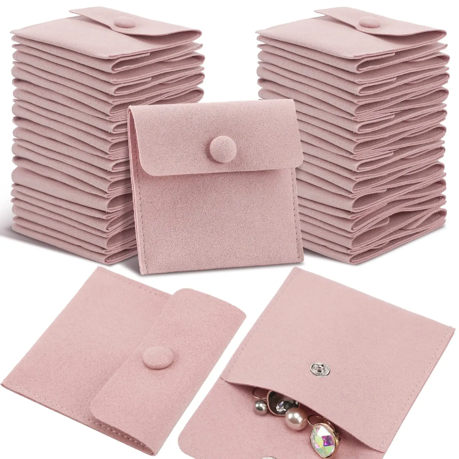Paquete de joyería con logotipo personalizado, bolsa de microfibra con botón a presión, bolsa de joyería para pendientes pequeños, bolsa de regalo con almohadilla de inserción/tarjeta