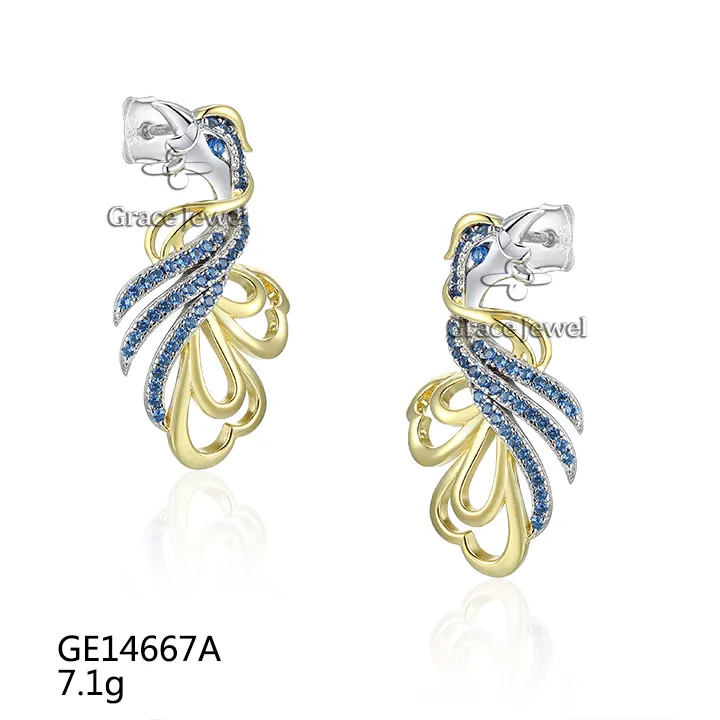 Grace Jewelry Phoenix Animal único pájaro Pavo Real azul piedra preciosa placa de oro moda joyería de lujo pendientes