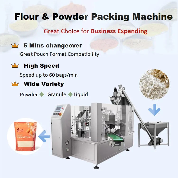 Automatische freistehende Ziplock-Beutelverpackungsmaschine für 1 und 2 kg Cassava, Mais, 50 g, 100 g und 500 g Weizenmehl Lebensmittelpulver