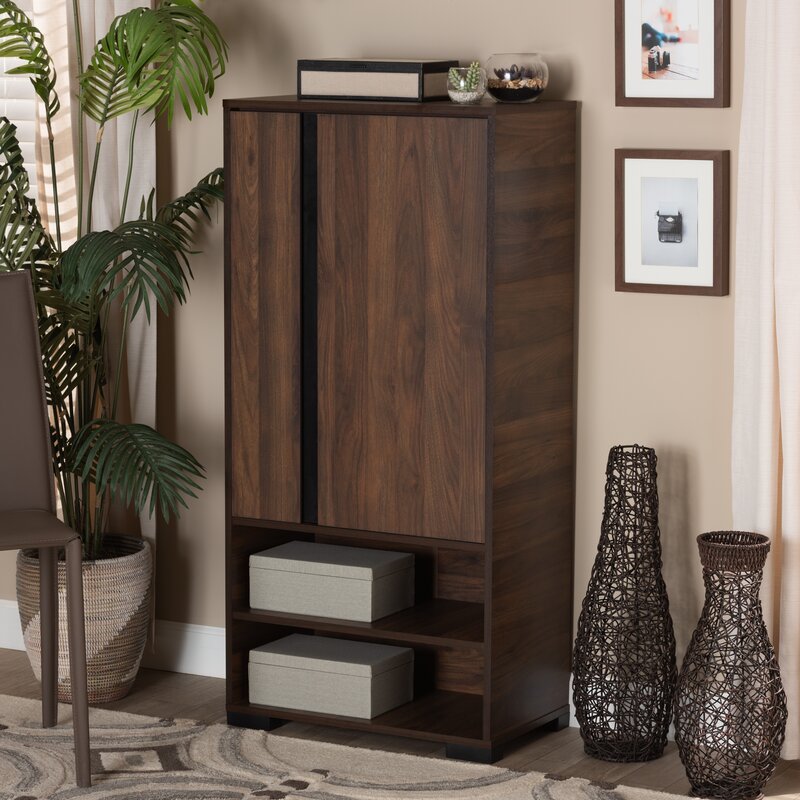 Modern And Contemporary Two-Tone Walnut Brown And Black Finished Wood 2-Door Shoe Cabinet Living Room Furniture Shoe Rack