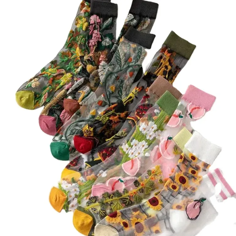 Calcetines coloridos para mujer, medias de seda ultrafinas, Serie de día, calcetines transparentes de flores para mujer de tubo medio de verano