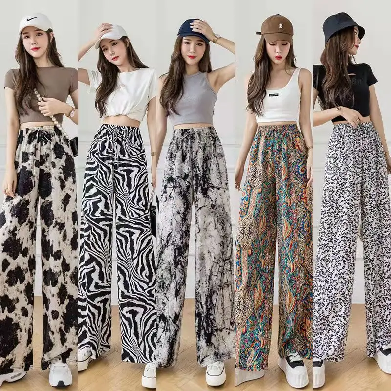 2022 2023 Hot Selling Alta Cintura Solta Lace-up Tinta Pintura Casual Calças Tie-dye Seda De Gelo Impresso Harem Wide Leg Pants Mulheres