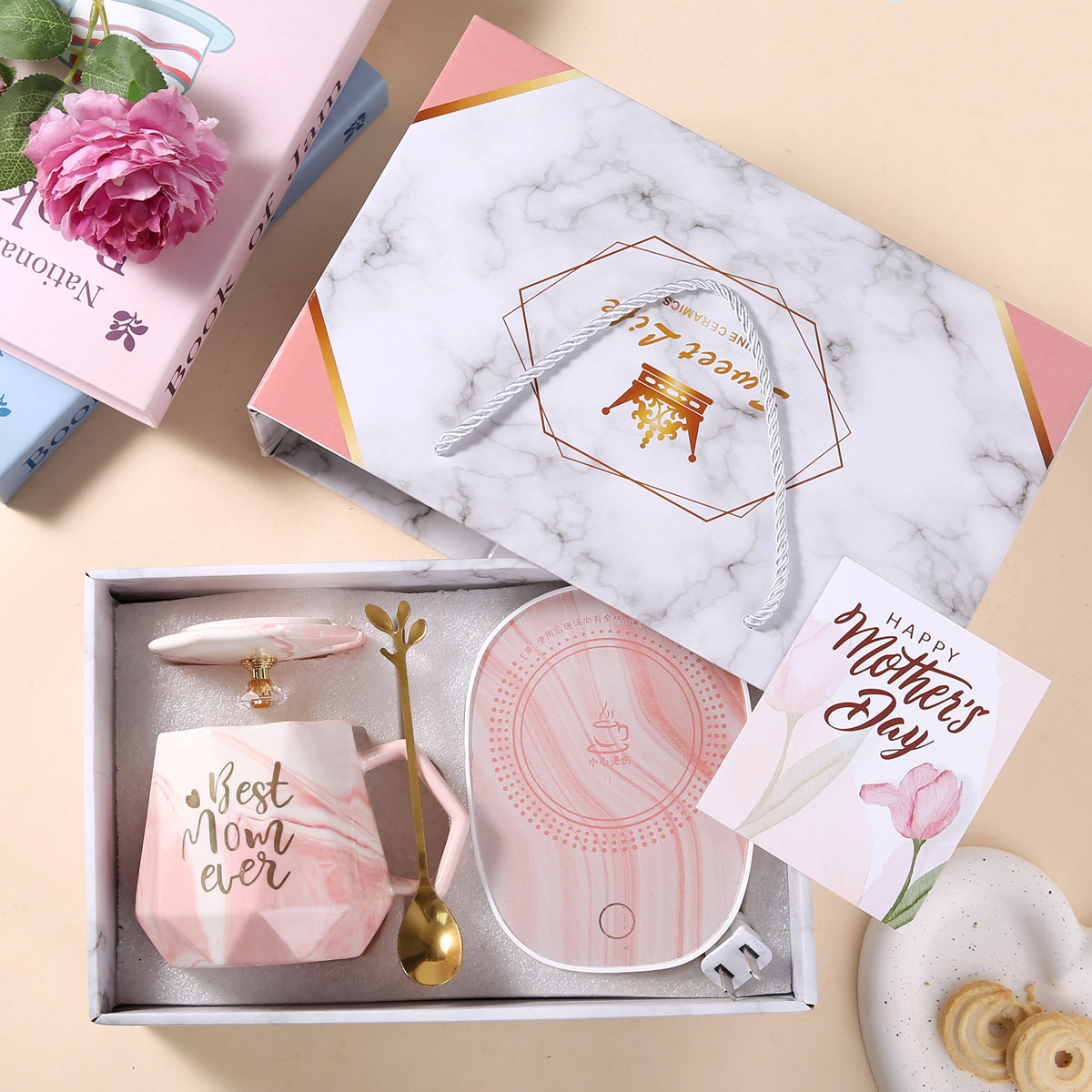 Couvercle de tasse, cuillère, dessous de verre, boîte cadeau, pierre mère rose