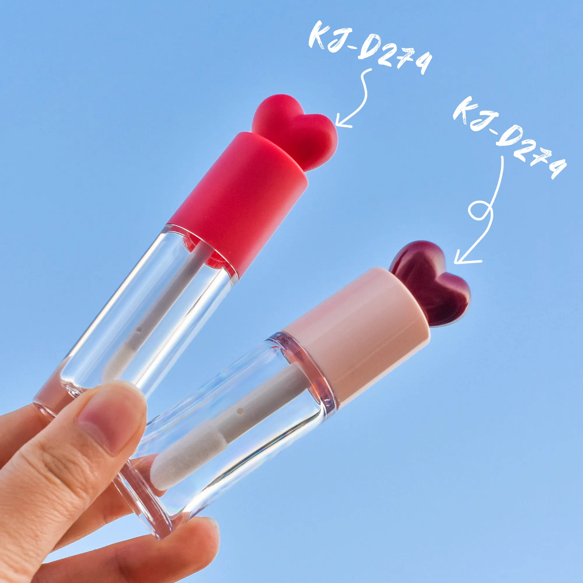 Tubo de embalaje de brillo de labios redondo de lujo de 5ml, embalaje cosmético rojo y rosa, lindo tubo de brillo de labios vacío con cepillo de varitas en forma de corazón