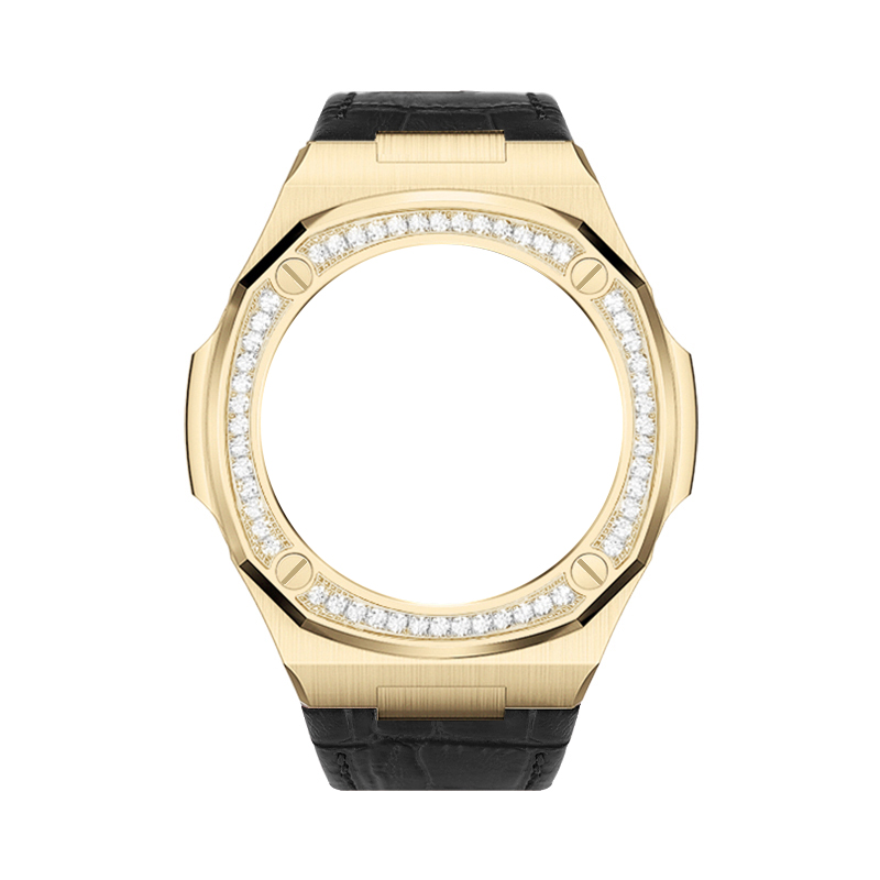 boîtier en or-bracelet en cuir noir