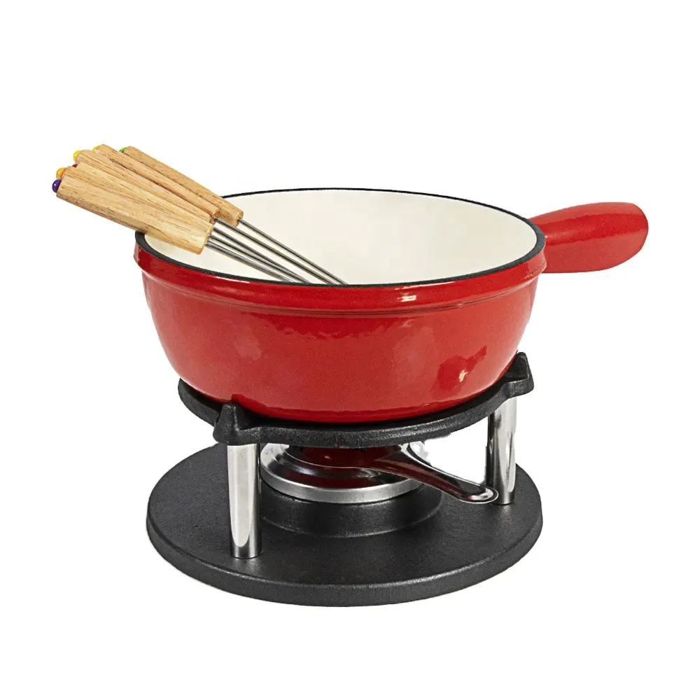 Vendita calda Set per fonduta rossa articoli da cucina per la casa pentole in ghisa smaltata pentola tradizionale per formaggio in ghisa