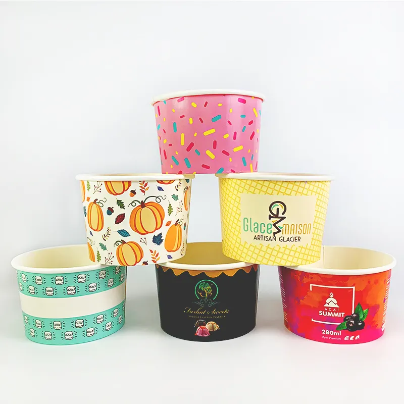 Oem odm custom design printed 3 4 oz 4oz branded ice-cream cup biodegradable ice cream cups with paper lid and spoon