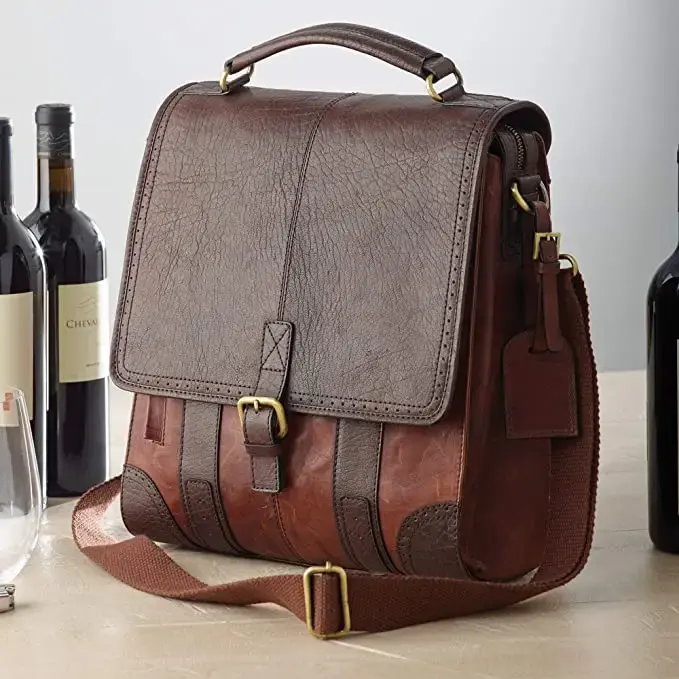 Su geçirmez deri çanta şarap taşıyıcı PU deri şarap Tote soğutucu yalıtımlı çanta 6 şarap şişeleri taşıyıcı deri çanta