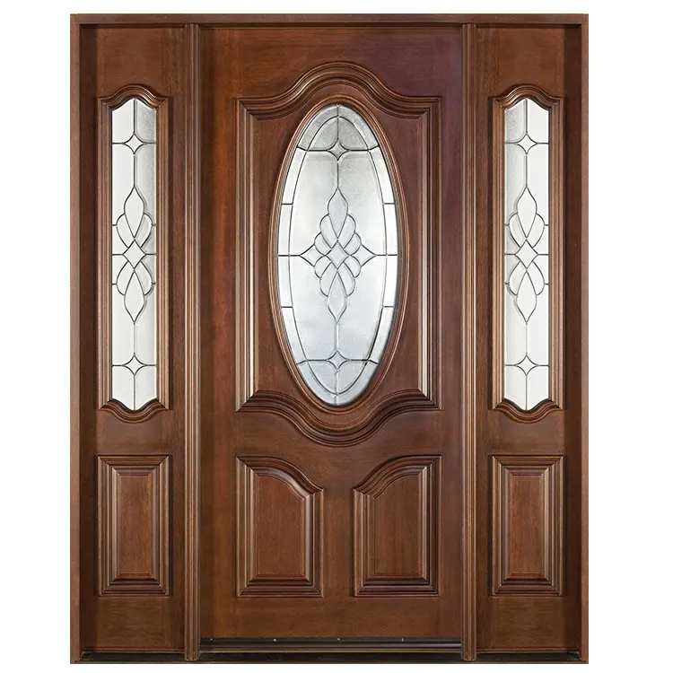 Puertas delanteras de madera con inserto de vidrio, doble puerta de madera para casa, alta calidad, proveedor de China