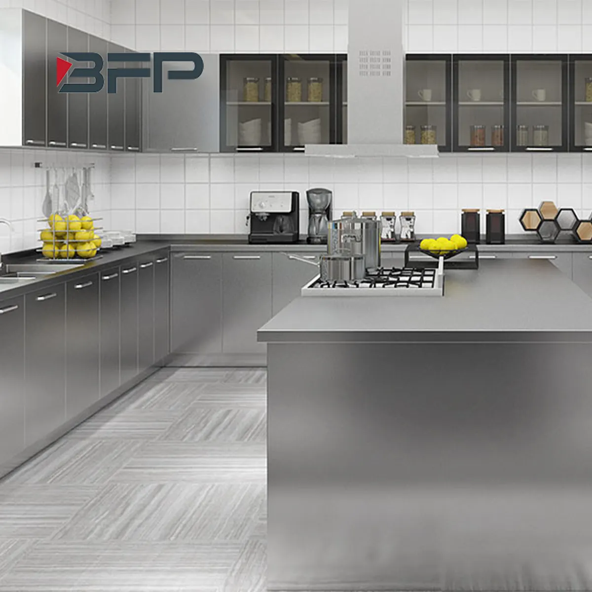Armarios de cocina e isla de cocina de acero inoxidable BFP 304 con estante intermedio ajustable y armario colgante de pared