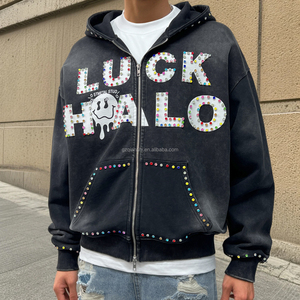 Qianshi güneş soluk çift yıkanmış Zip Hoodie Rhinestone bırak omuz Hoodie fransız Terry asit yıkama grafik fermuarlı kapüşonlu svetşört erkekler için - Product Image 1