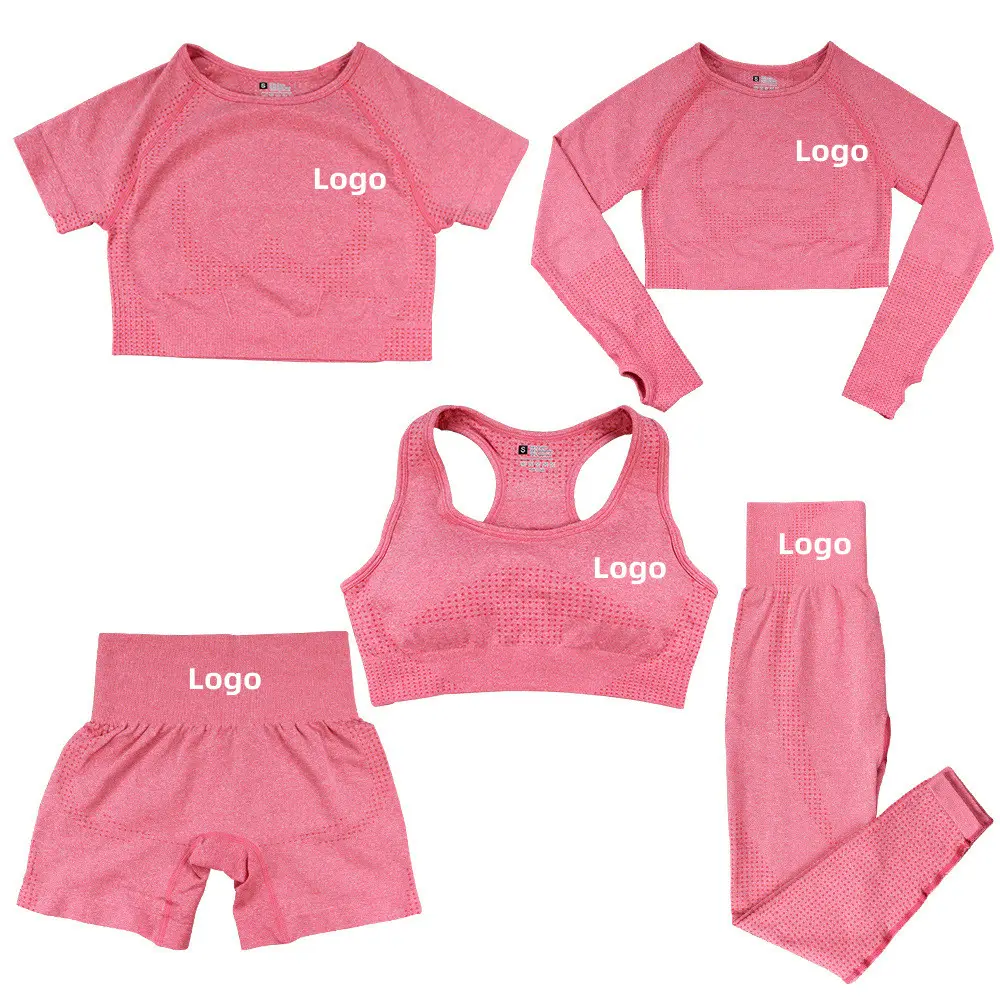 Spandex/Nylon 5 pezzi abbigliamento da palestra senza cuciture abbigliamento da Yoga pantaloni abbigliamento sportivo completo da donna allenamento palestra Fitness set con Logo personalizzato