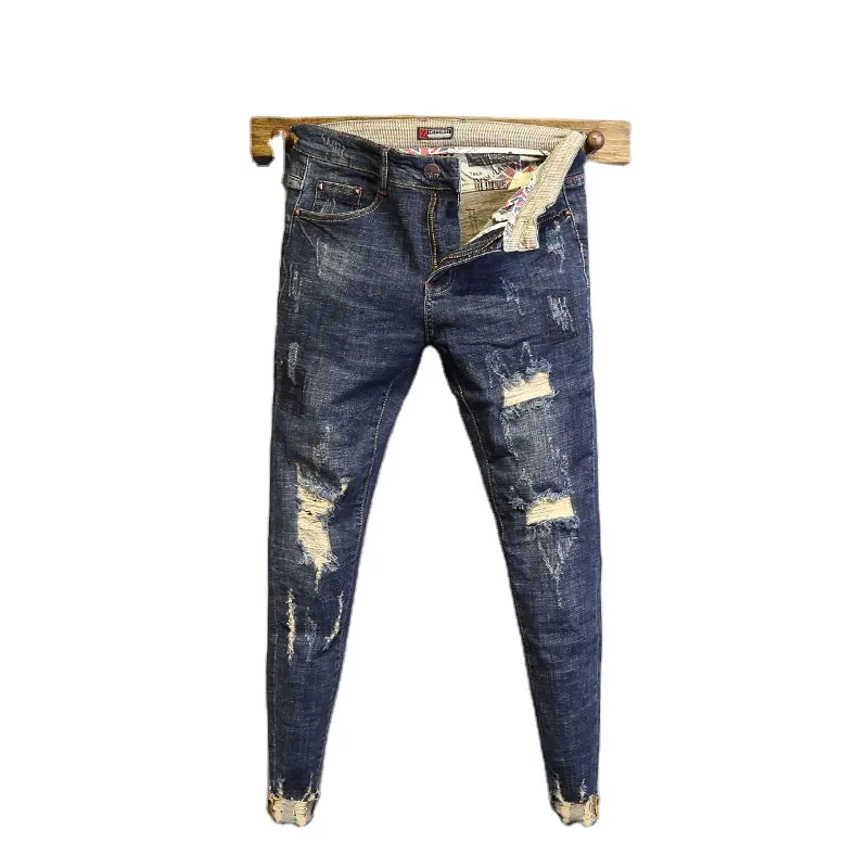 Custom Oem Oversize Cut Out Ankle Length Mens Trousers Ripped Denim Jeans