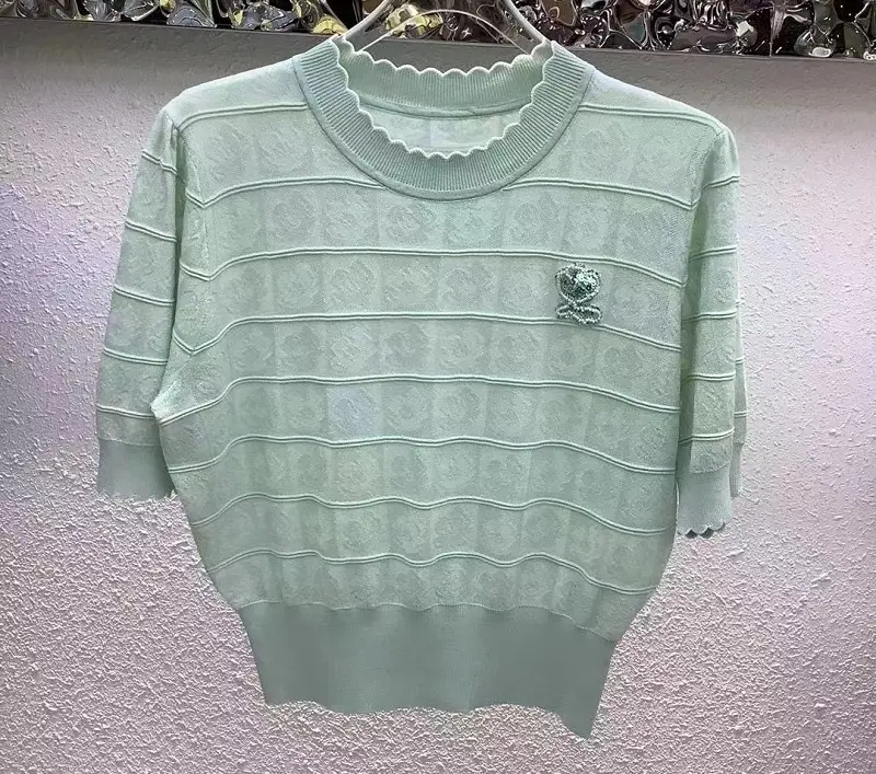 Maglioni di alta qualità 2023 maglieria estiva da donna che borda Deco mezza manica Casual bianco verde pullover lavorati a maglia maglioni da donna