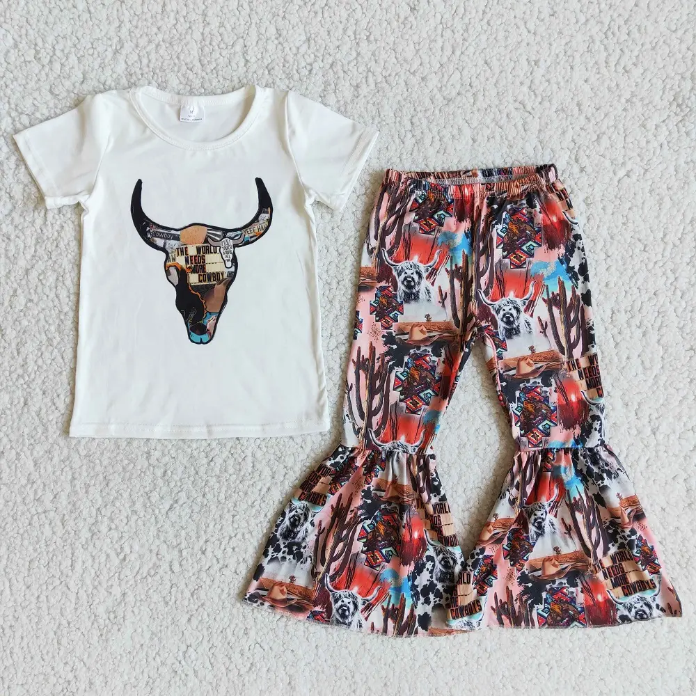 RTS Western Style Children Spring Short Sleeve Bull Clothes Girl Bell Bottom Clothes