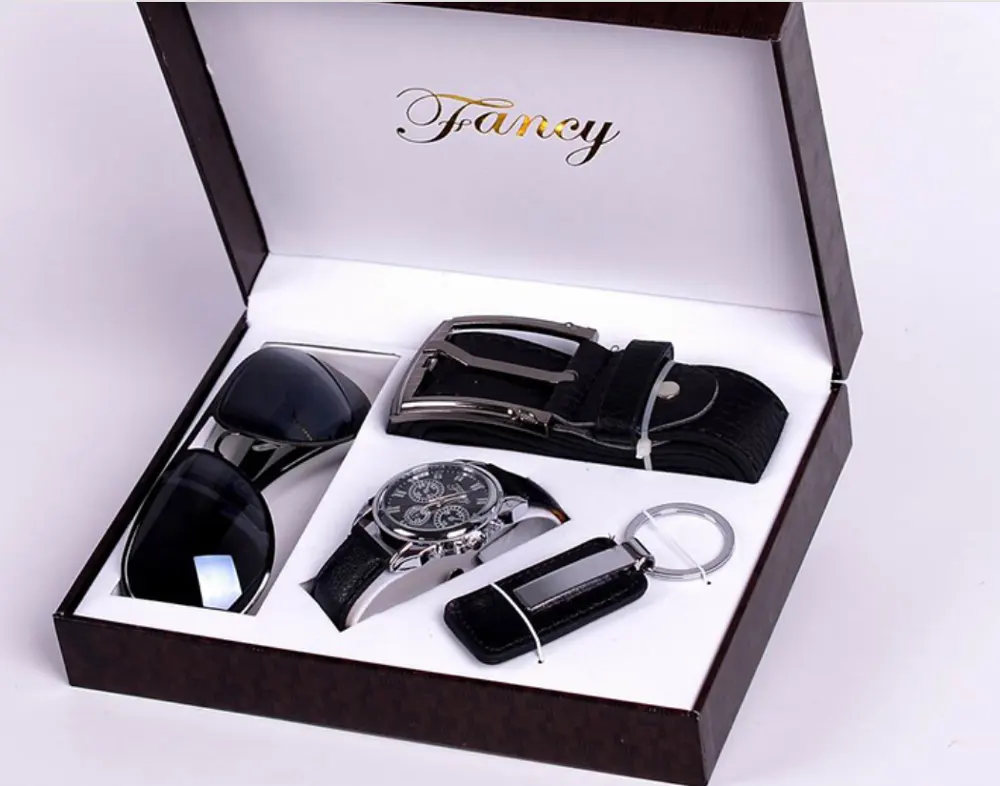 Grosir hadiah ulang tahun ayah indah hadiah bisnis kacamata hitam gantungan kunci pena sabuk dompet quartz kustom set jam tangan pria