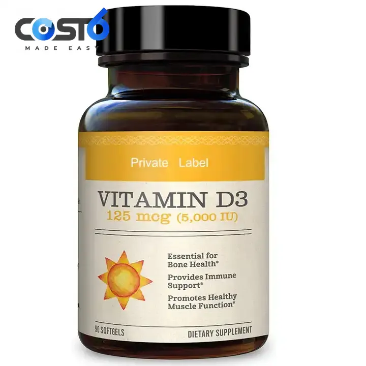 Suplementos vitamínicos a granel Azeite Vitamina D3 Softgel Cápsulas 5000IU Vitamina D3 Suporte Imunológico Suplemento de Saúde