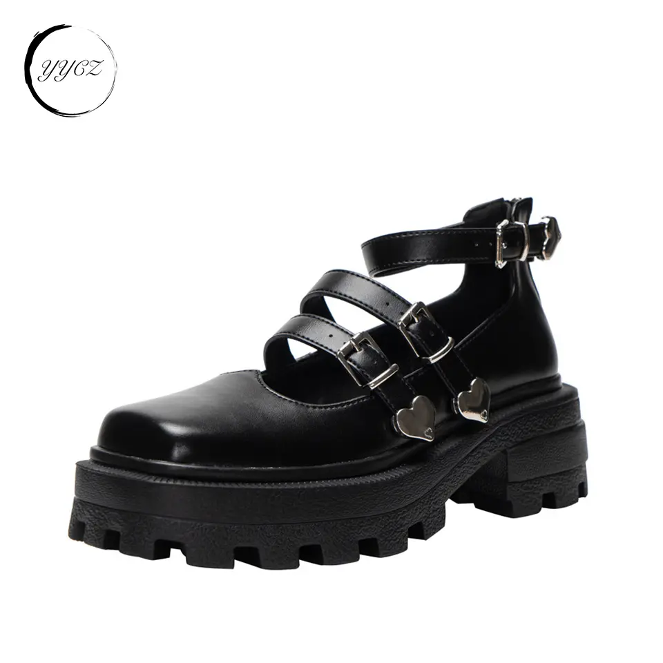 플랫폼 메리 제인 발목 스트랩 Chunky 뒤꿈치 신발 유니폼 드레스 펌프 신발 블랙 여성 고딕 로리타 신발