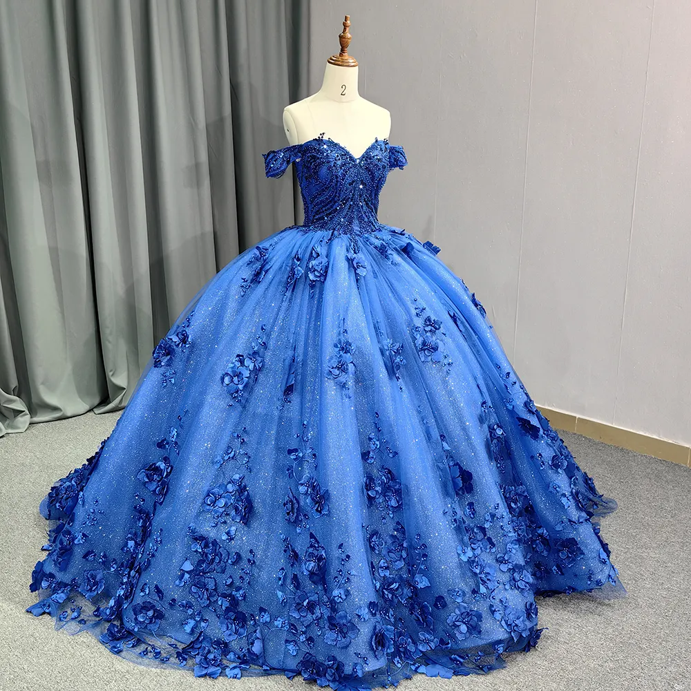 โรแมนติก Lake สีฟ้าปิดไหล่ชุดบอล Quinceanera ชุด 3D ดอกไม้ Tulle หวาน 16 ชุดปาร์ตี้ 9963