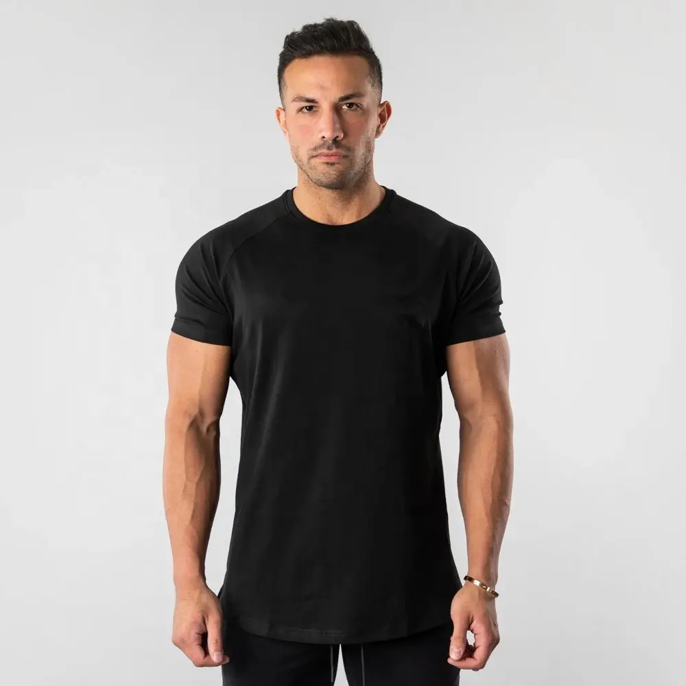 Terlaris Hitam 95% Katun 5% Elastane Scoop Bottom Longline Gym T Shirt Hip Hop Pria TEE Tinggi