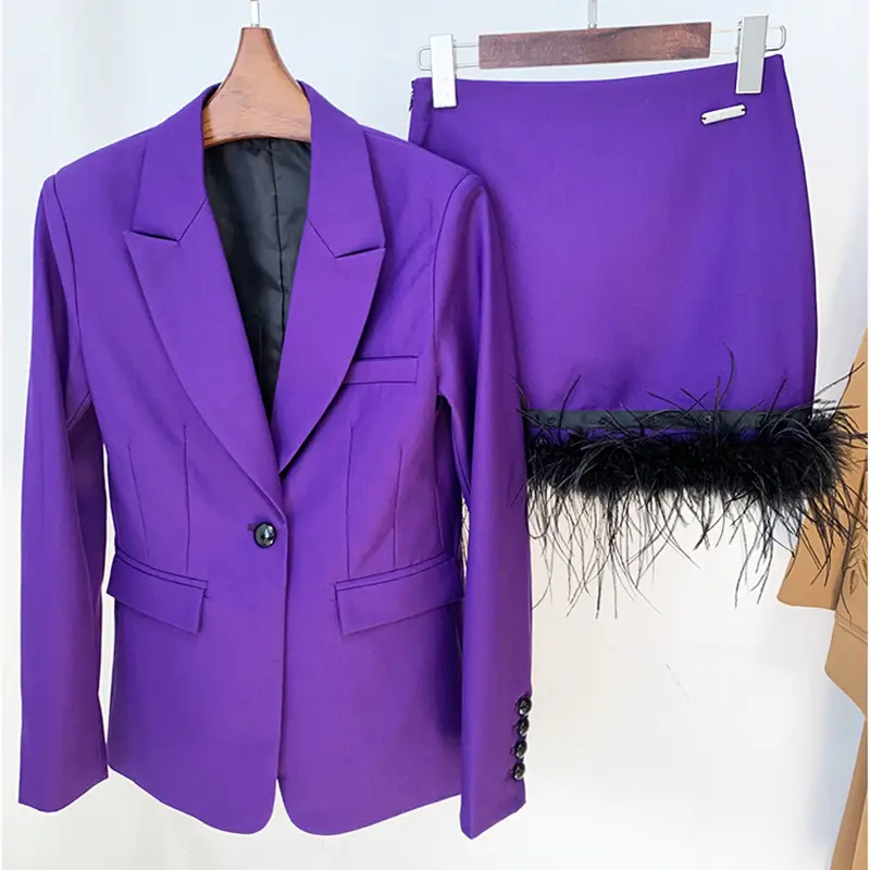 Traje ajustado de un botón para mujer, traje de media falda de pluma auténtica, conjunto de dos piezas, novedad de 2023