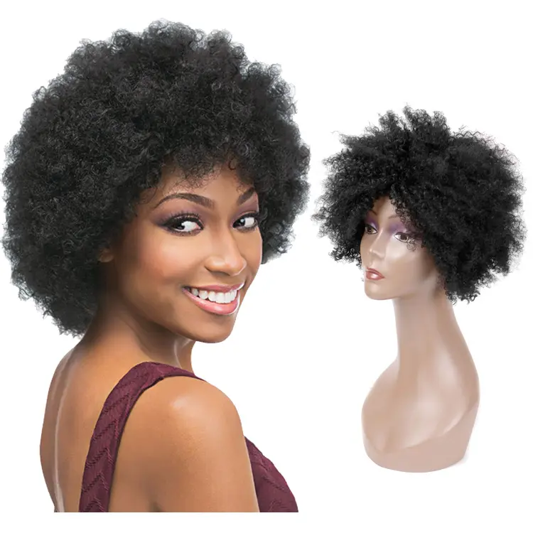 Fh amazon peruca sem cola afro encaracolada, máquina de cabelo humano curto para mulheres negras