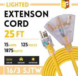 25Ft işıklı açık güç kablosu uzatma kablosu 3 elektrik SJTW çıkışları 14/3 sarı ağır 3 Prong topraklı fiş - Product Image 5