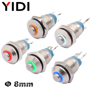 Anello alto 8mm momentaneo 4 Pin pulsante on OFF luce rossa verde blu LED illuminata in metallo interruttore a pulsante 3V 12V 220V - Product Image 1