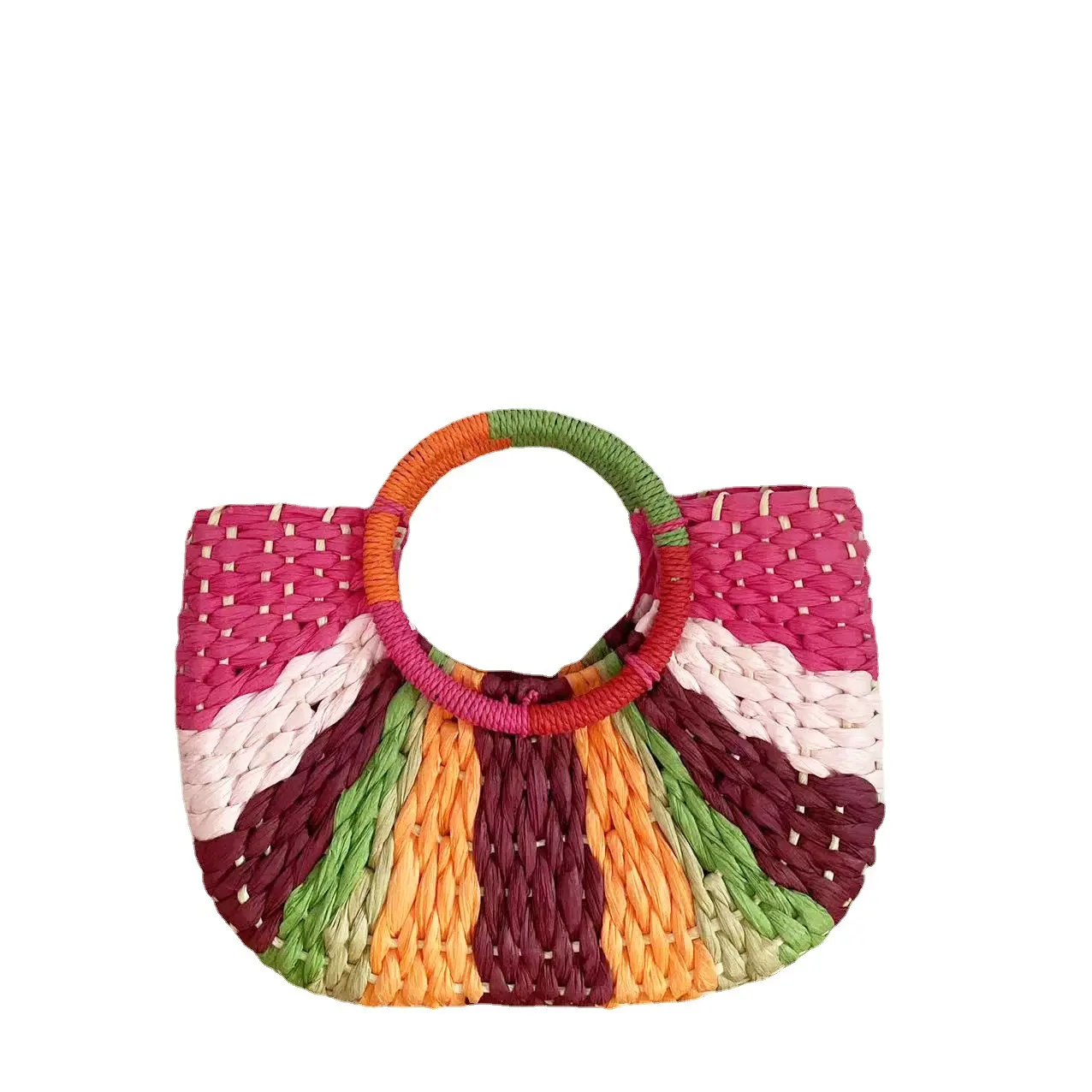 2023 Contrast Colourful Boho Bags Bohemian Handbags Moroccan Handmade Basket Bag Summer Straw Bags Tote Summer Beach