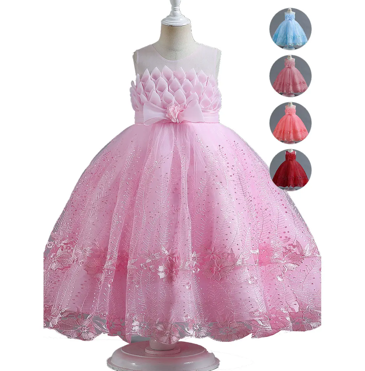 Princesa para niños Flor Boda Sin mangas Elegante Anfitrión Piano Rendimiento Fluffy Tutu Girl Dress