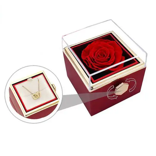 Caja de Rosa conservada individual única, caja de Rosa conservada giratoria de grado A rojo, caja de Rosa eterna con collar grabado