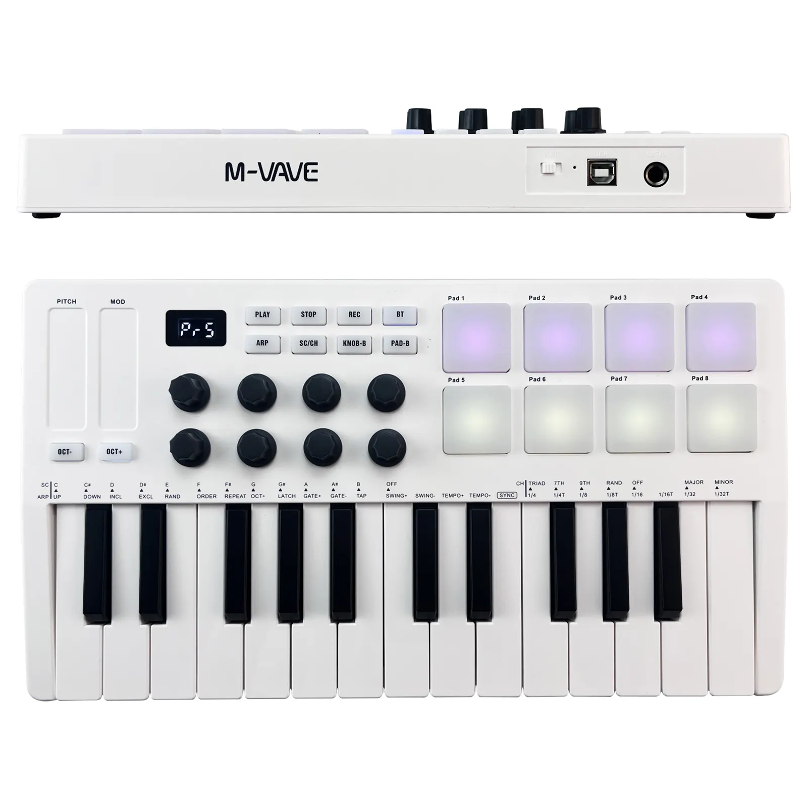 M-Vave-Mini teclado MIDI con 25 teclas sensibles a la velocidad, soporte inalámbrico con 8 almohadillas de batería RGB, consola de control