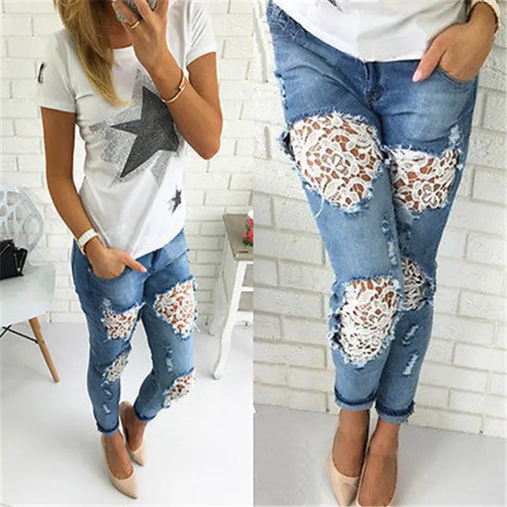 200831 summer new fashion hot women's sexy European and American style lace hollow street casual jeans