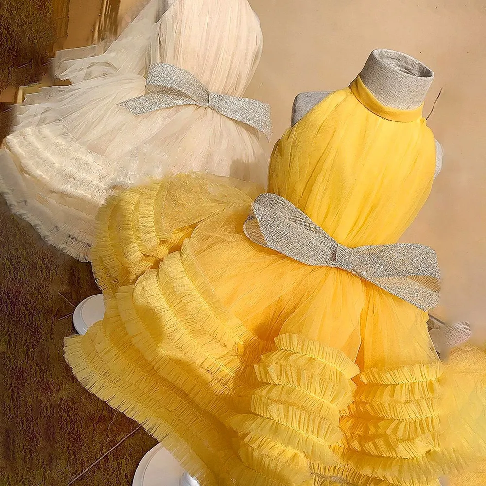 Yalindars Puffy Glitter giallo senza maniche Flower Girl Wedding Party Princess Dress abito da prima comunione bambino con collo alto