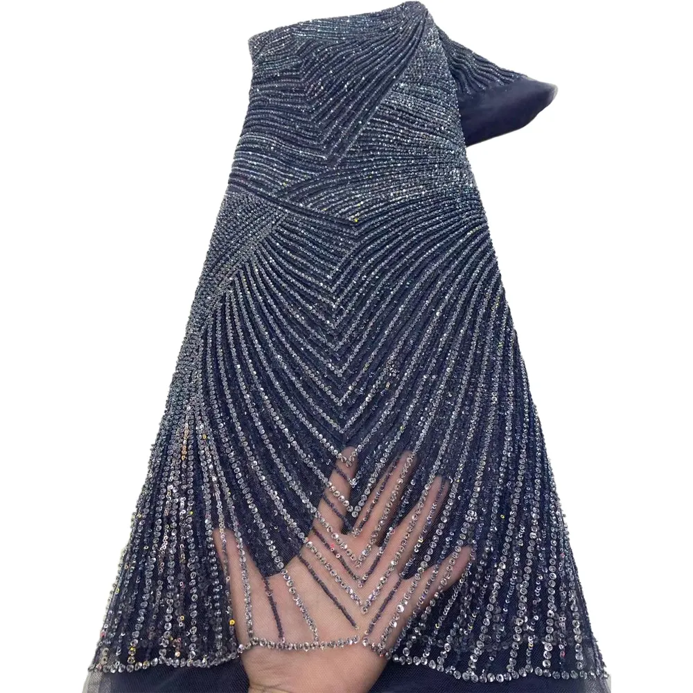 HFX afrika boncuk dantel kumaş yüksek kalite kristal boncuk dantel kumaş düğün 2024 tül mesh pullu kumaş 5 metre