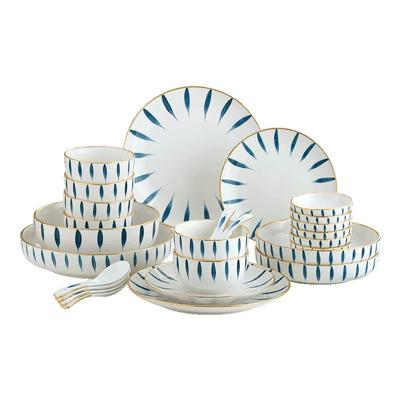 Vajilla artística de porcelana azul y blanca, juego de platos y cuencos sencillos