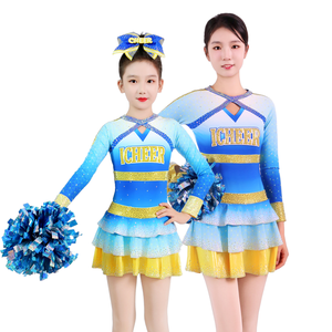 Özel <span class=keywords><strong>Cheer</strong></span> üniforma Elite gençlik <span class=keywords><strong>Cheer</strong></span> lideri üniforma etek mavi ve sarı bayan rekabet amigo üniforma