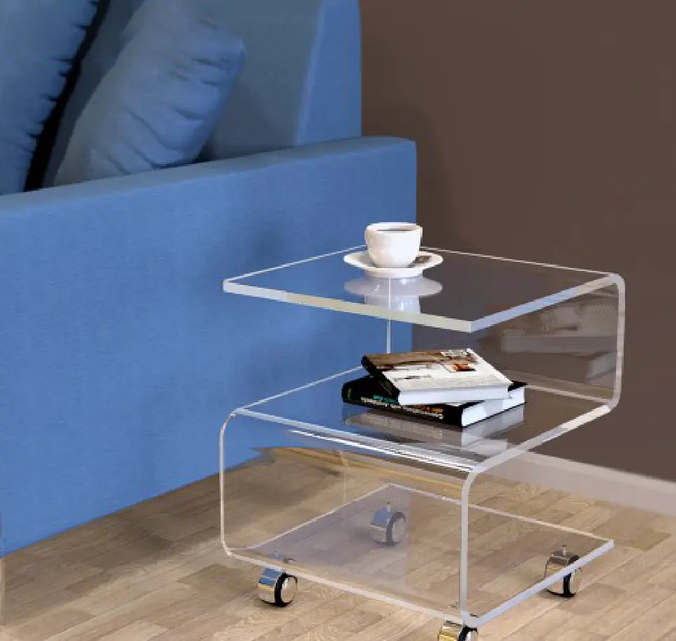 VONVIK S-รูปอะคริลิโต๊ะกาแฟด้านข้างบนล้อกลิ้ง Lucite ตาราง